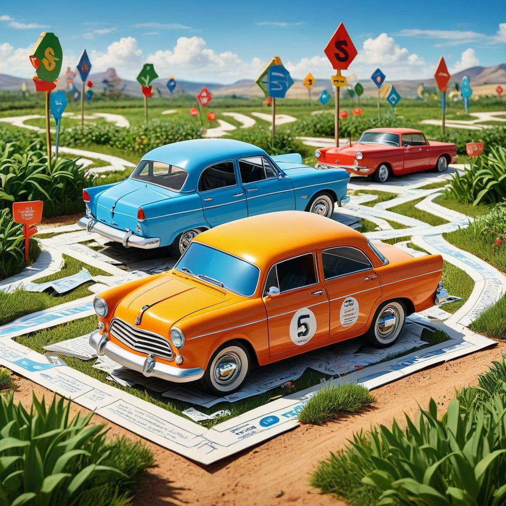 A whimsical maze made of car parts and insurance documents, with colorful signs indicating tips for saving on car insurance. Several cartoon cars drive through the maze, looking puzzled yet determined. Bright colors, a sunny sky, and playful elements like dollar signs and shields enhance the theme of protection and savings. vibrant colors. cartoon style.
