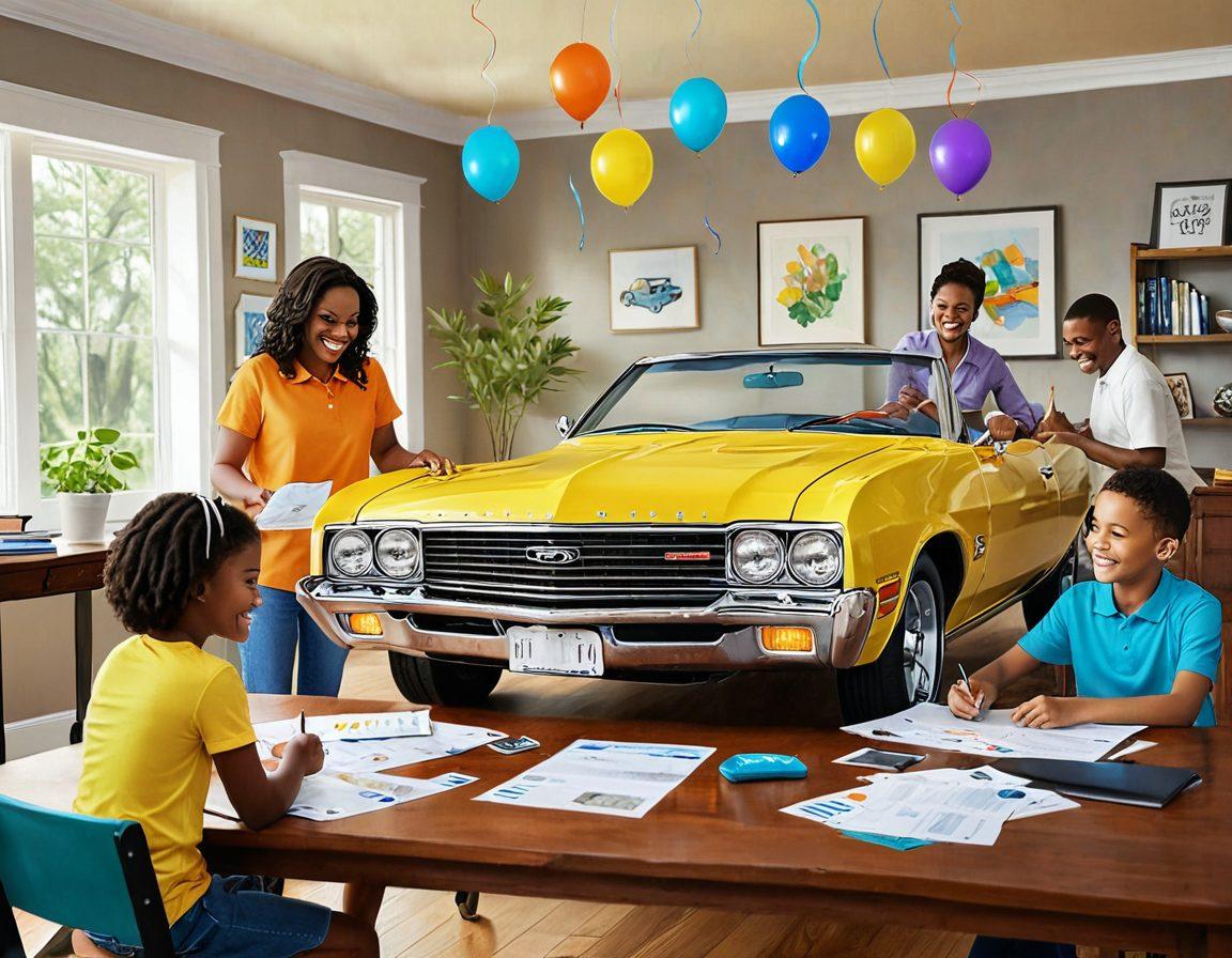 A bright and inviting illustration of a happy family reviewing auto insurance policies, with floating tags showcasing hidden discounts and savings. Include elements like a calculator, dollar signs, and a car in the background, symbolizing cost-effective insurance choices. Use vibrant colors to convey positivity and financial relief. Digital painting. vibrant colors. bright background.